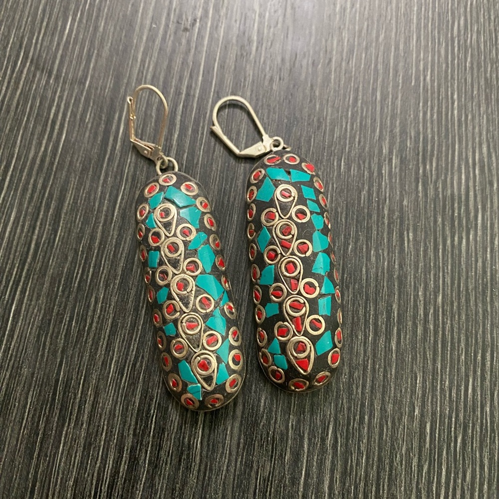 Turquoise and Red Inlay Drop Earrings - Women Jewelry Tibetan